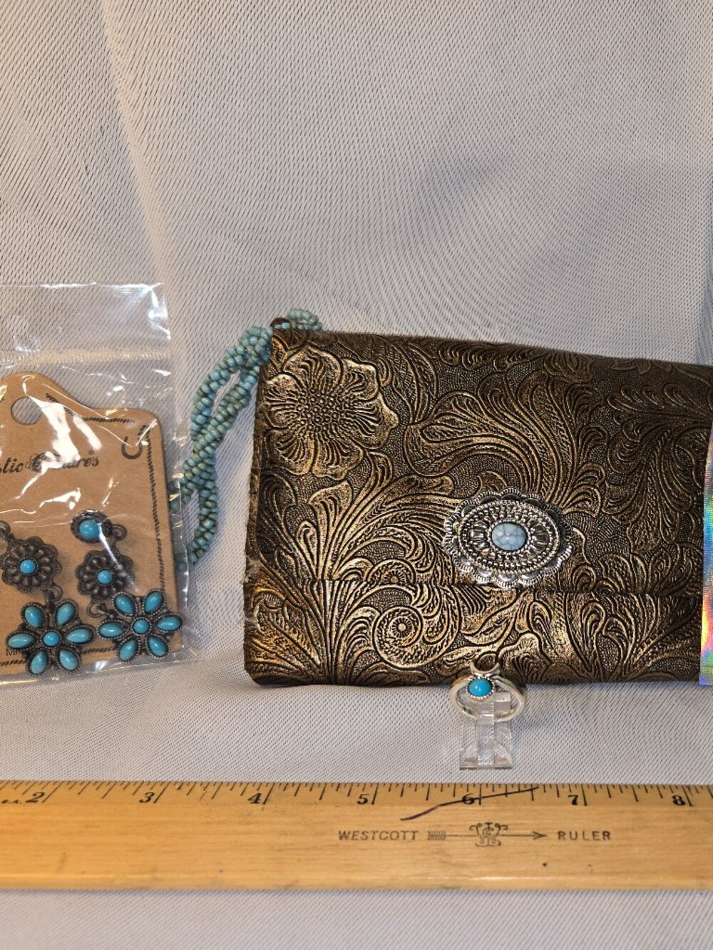 Western Turquoise Accessory Lot Tooled Wallet Ring Earrings Freshie Boho Cowgirl